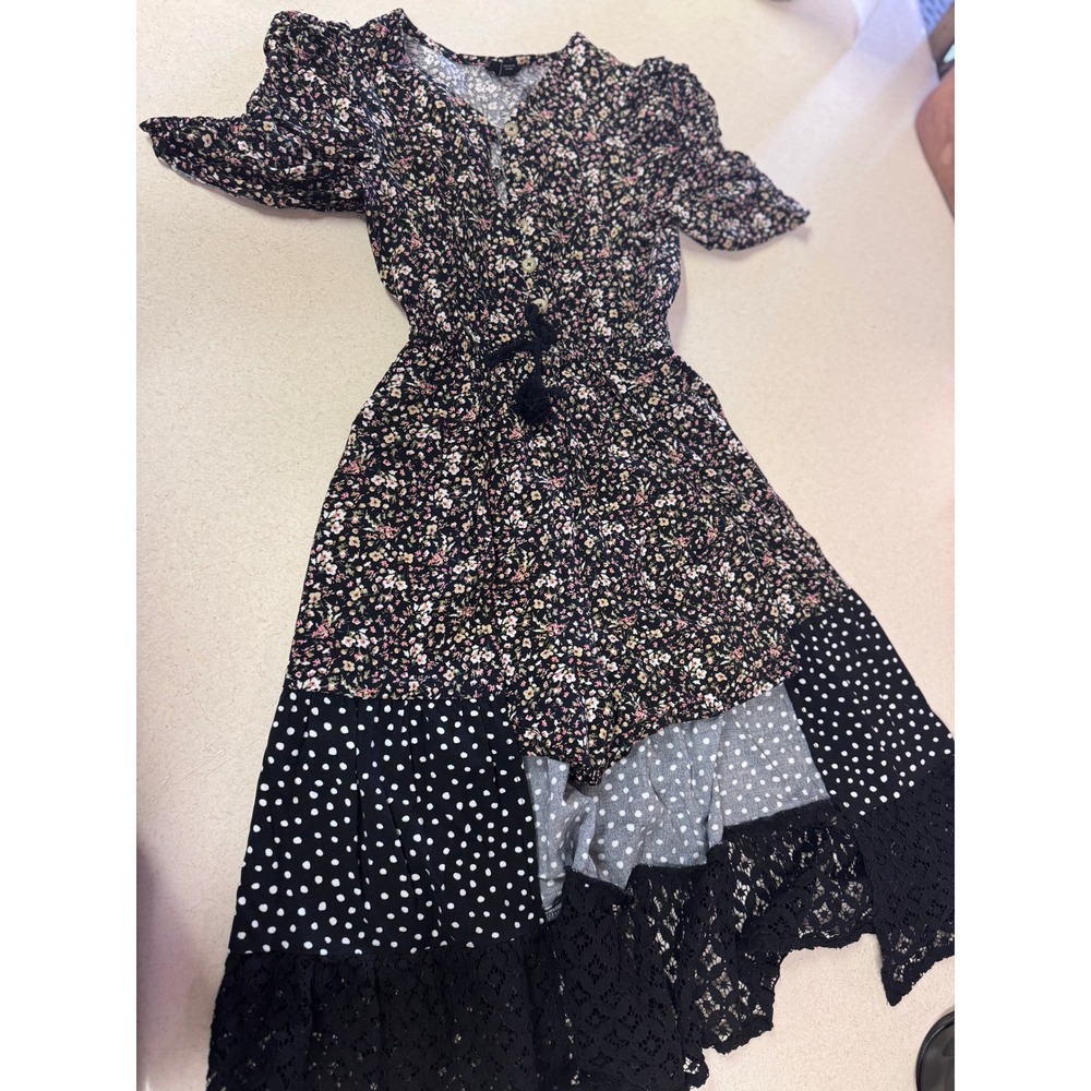 Art Class Girls Floral Polka Dot Romper Dress Black Lace Trim Size S 6/6X